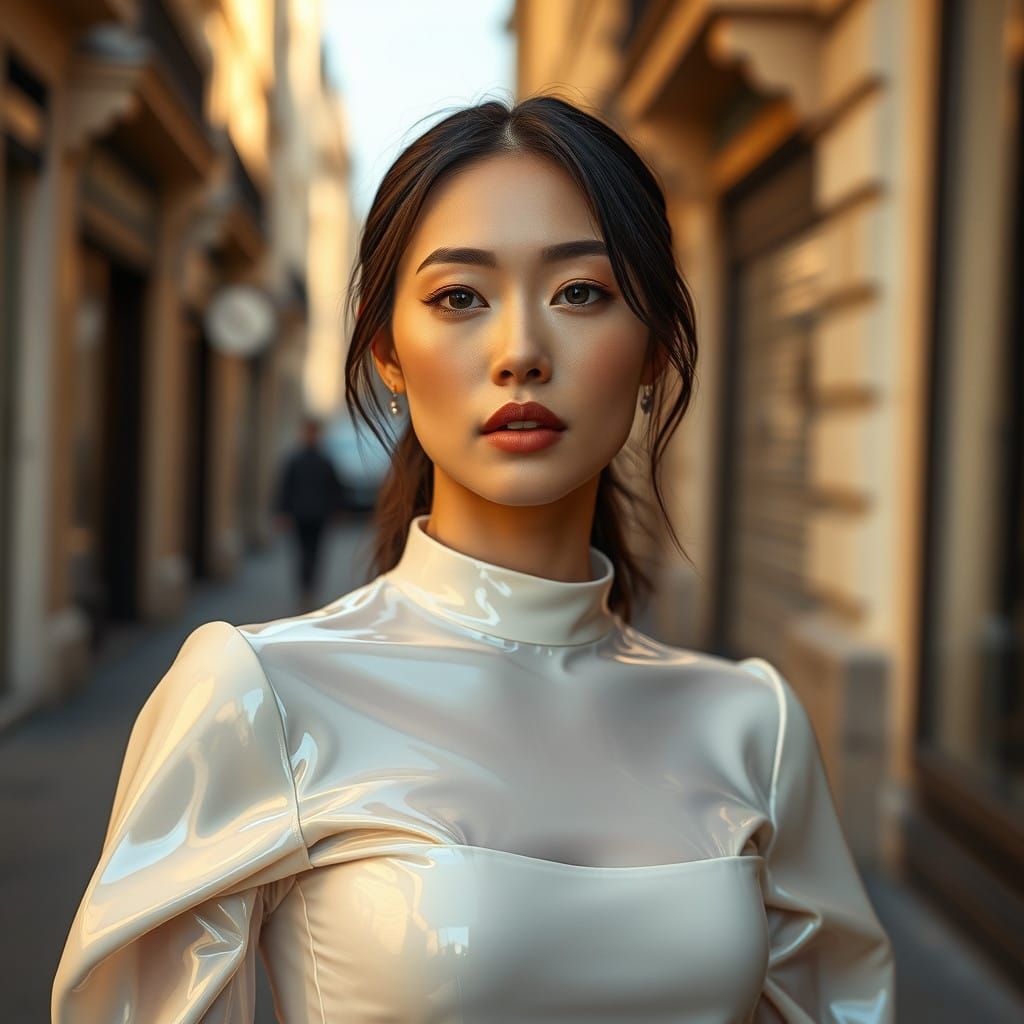 Elegant Asian Woman in Futuristic Latex Dress, Captured in E...
