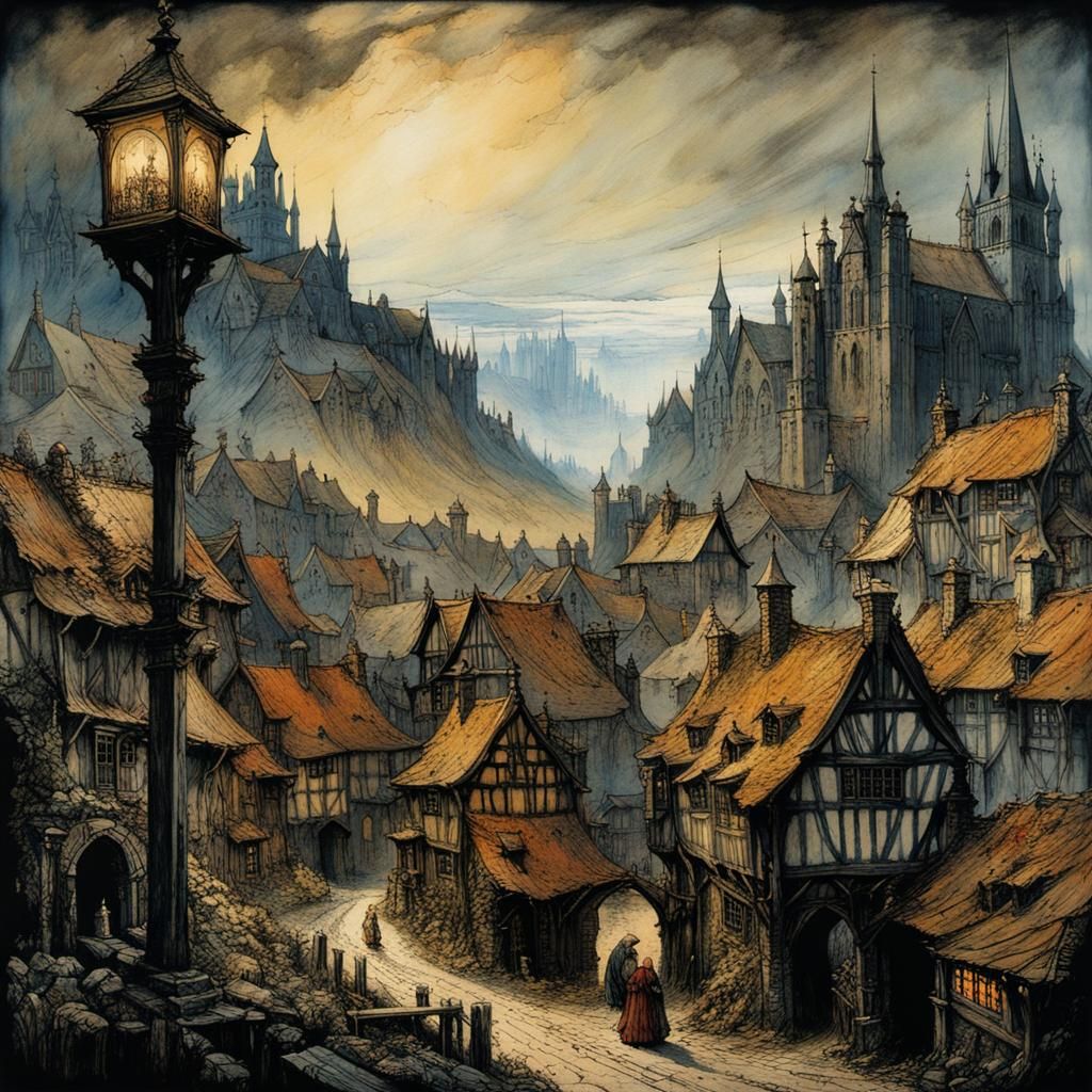 Mysterious Medieval Town in Detailed Illustration Style