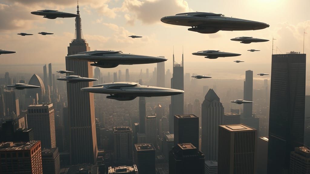 Futuristic Cityscape With Star Trek Inspired Flying Vessels
