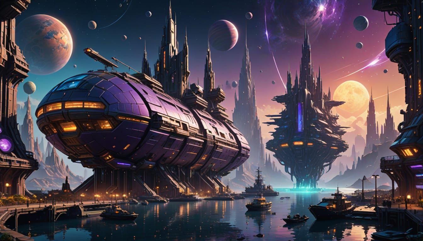 Exoplanet Spaceport: Sci-Fi Concept Art in Fantasy Style