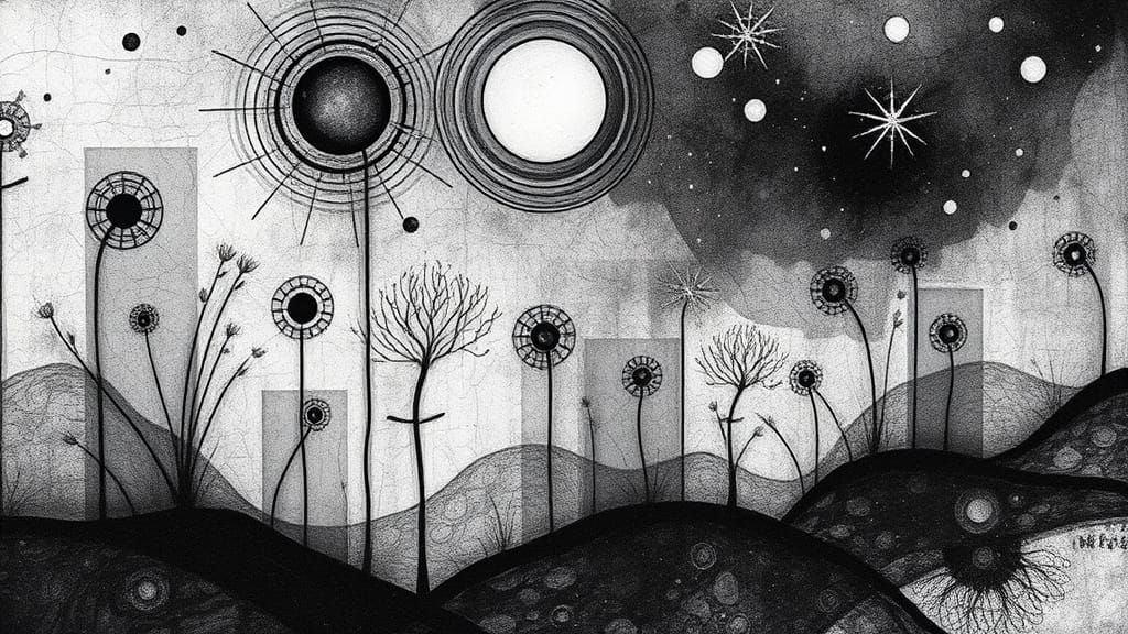 Surreal Celestial Dreamscapes in Delicate Etching Style