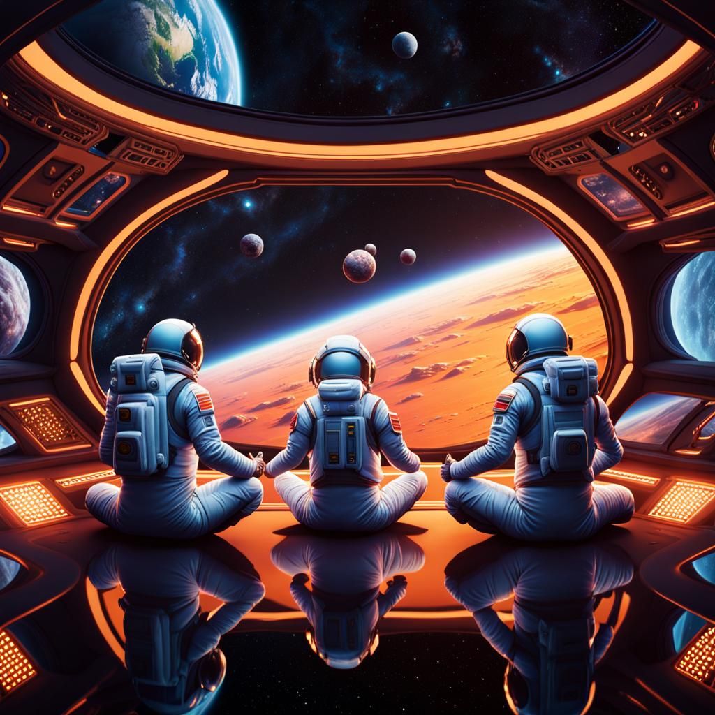 Astronauts in Lotus Position on Spaceship, Detailed Matte Pa...