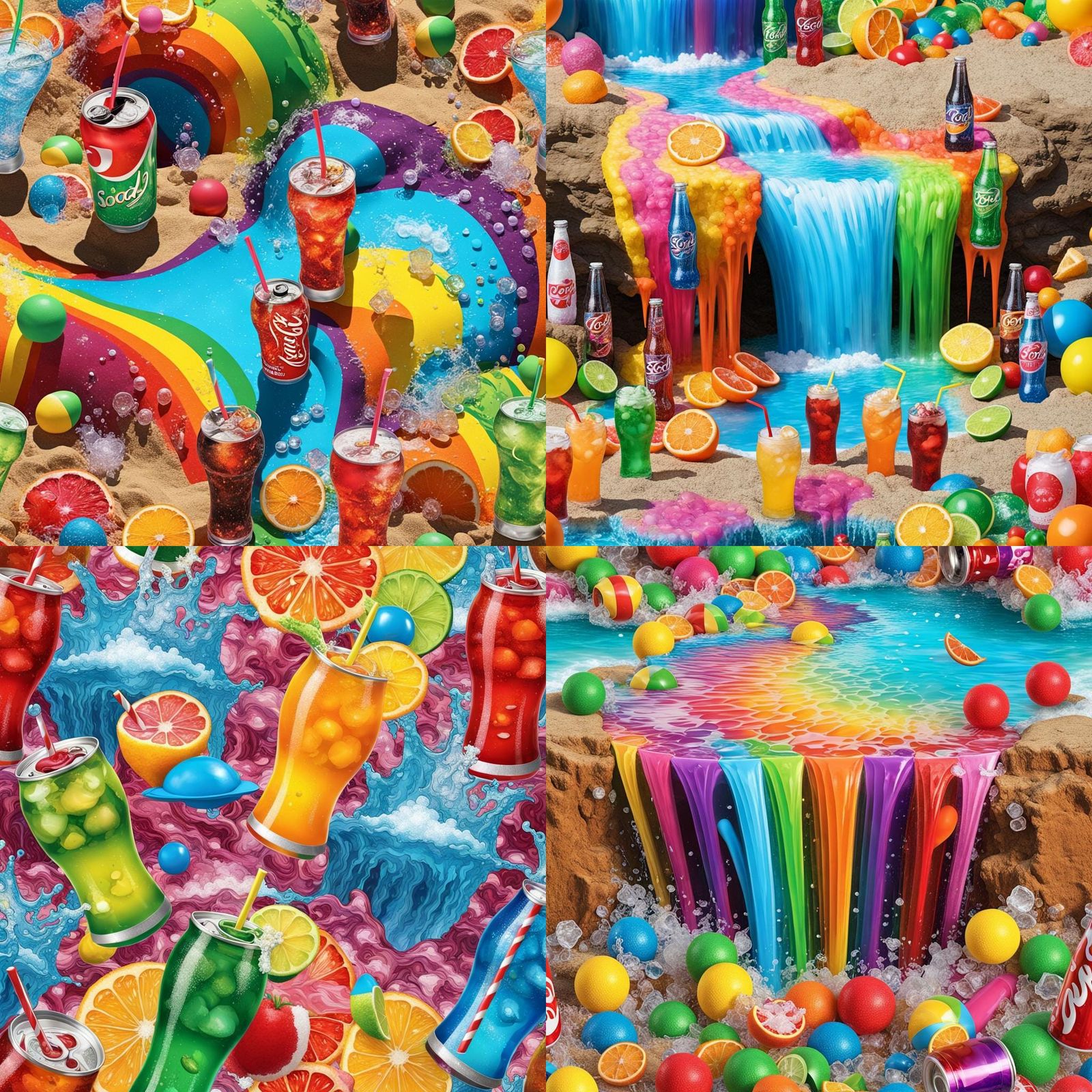 Vibrant Soda Beach Party with Waterfall in 3D