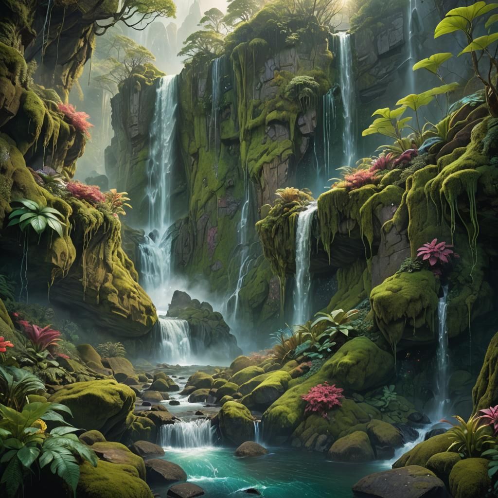 Lush Waterfall Scene in a Fantasy Landscape