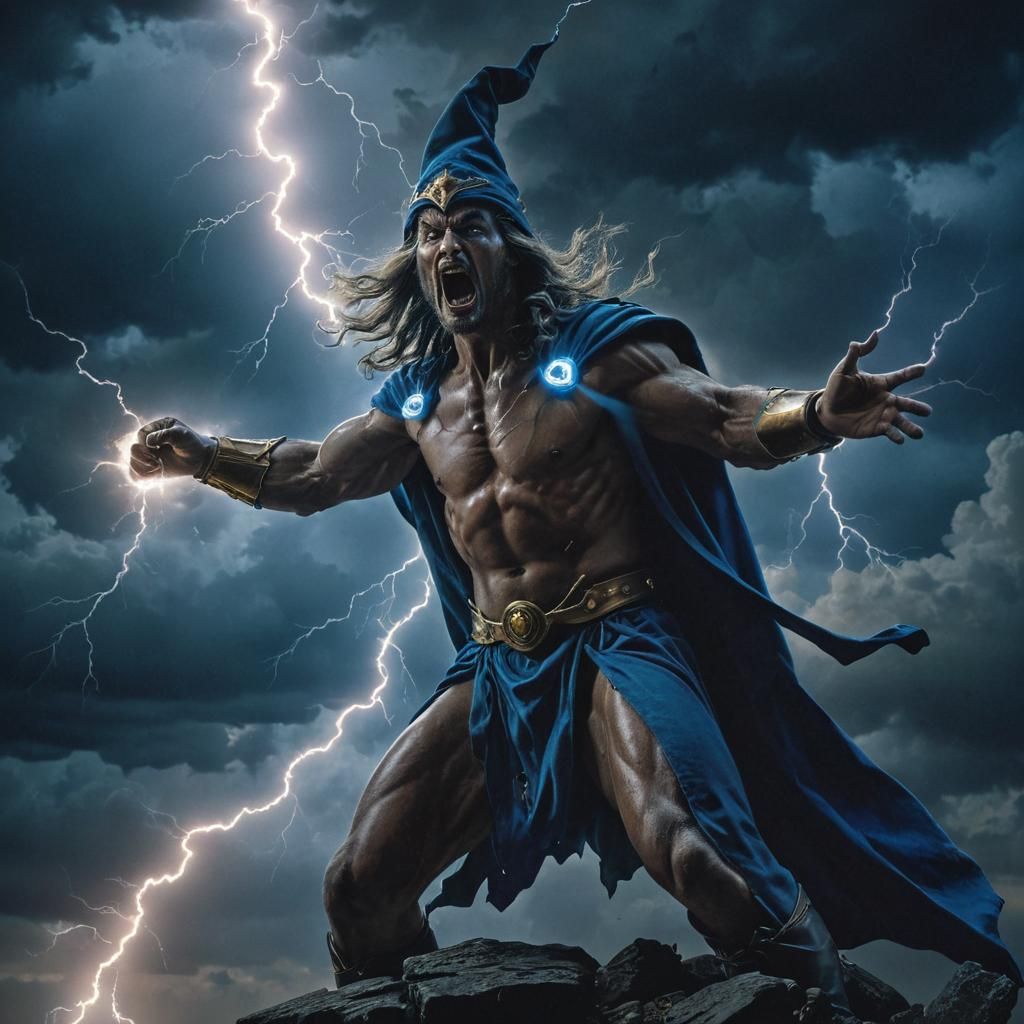 Furious Wizard Casting Lightning in Magic Realism Style