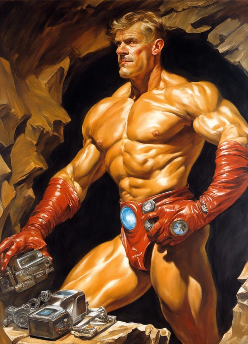 Crow Superhero Posing in High-Tech Cave, Chiaroscuro Style