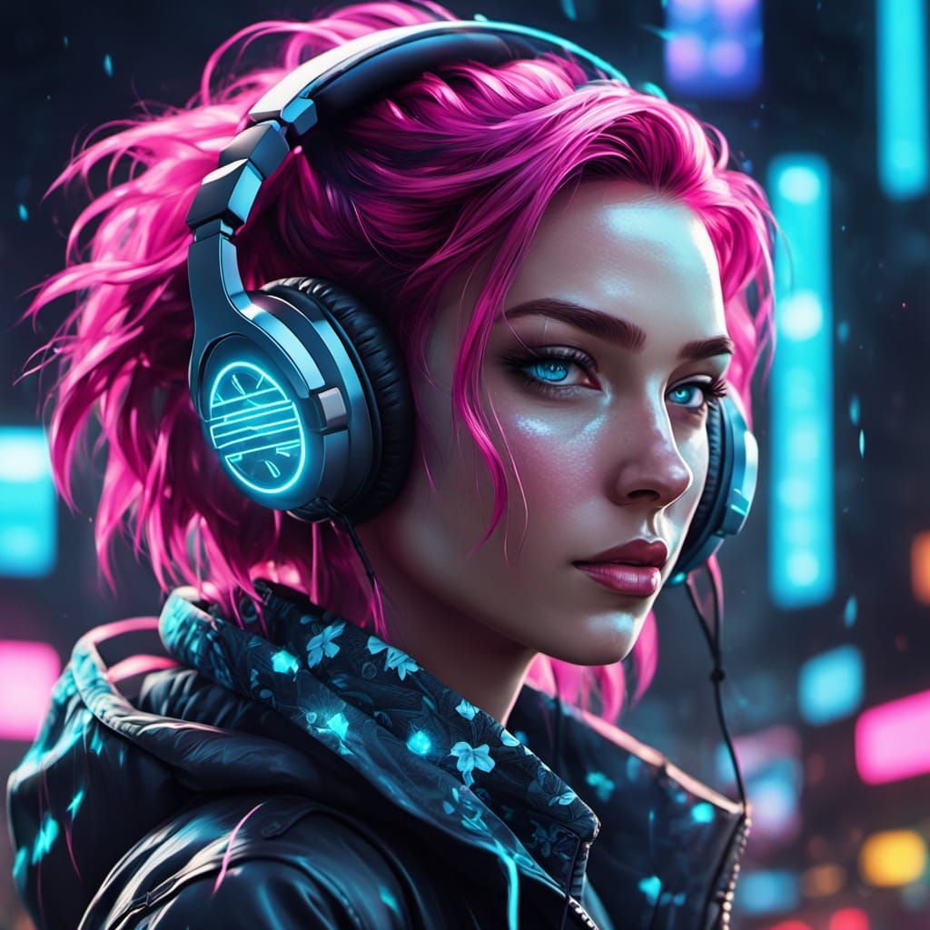 Cyberpunk Woman with Magenta Hair in Neon City