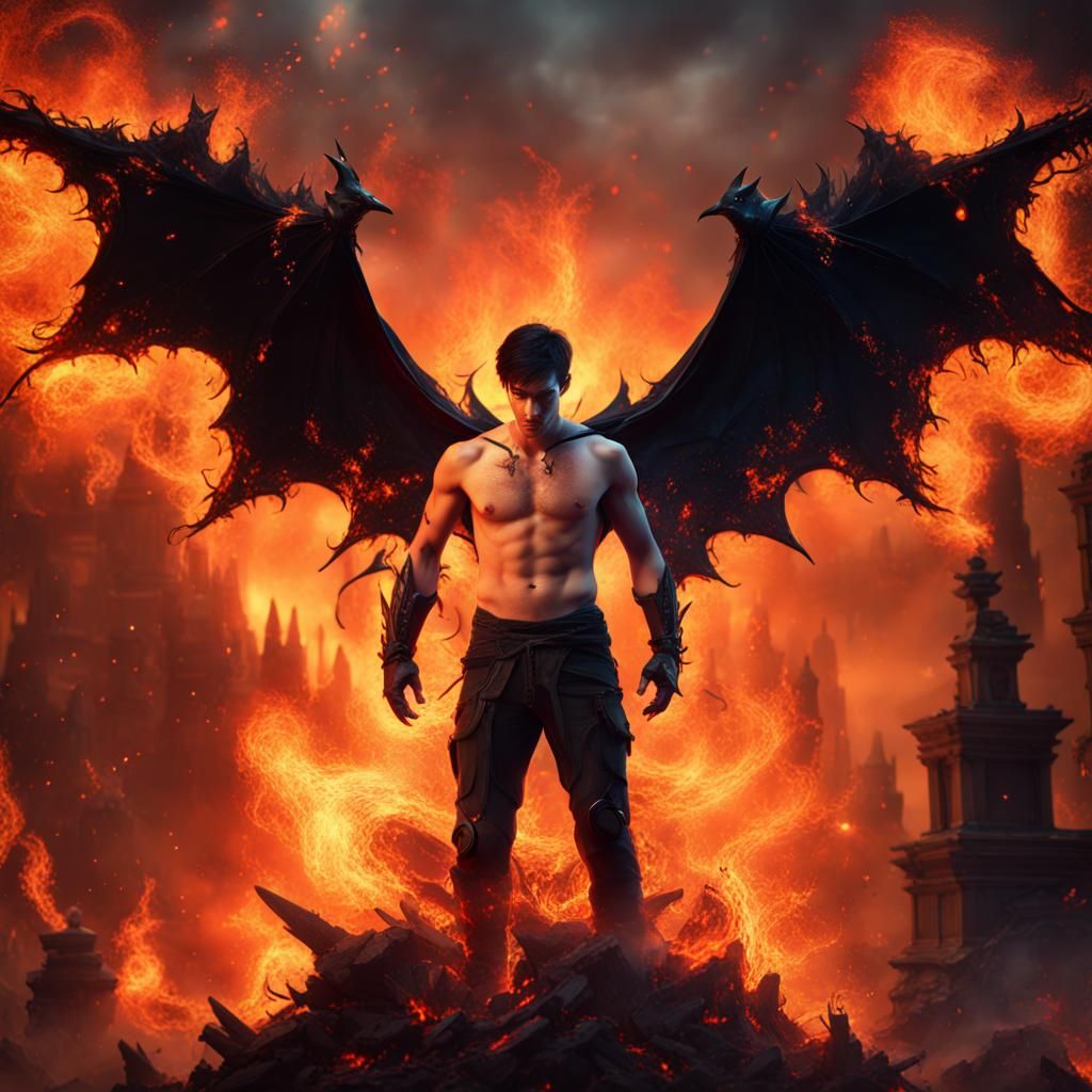 Fiery Bat-Winged Man in Detailed Fantasy Art