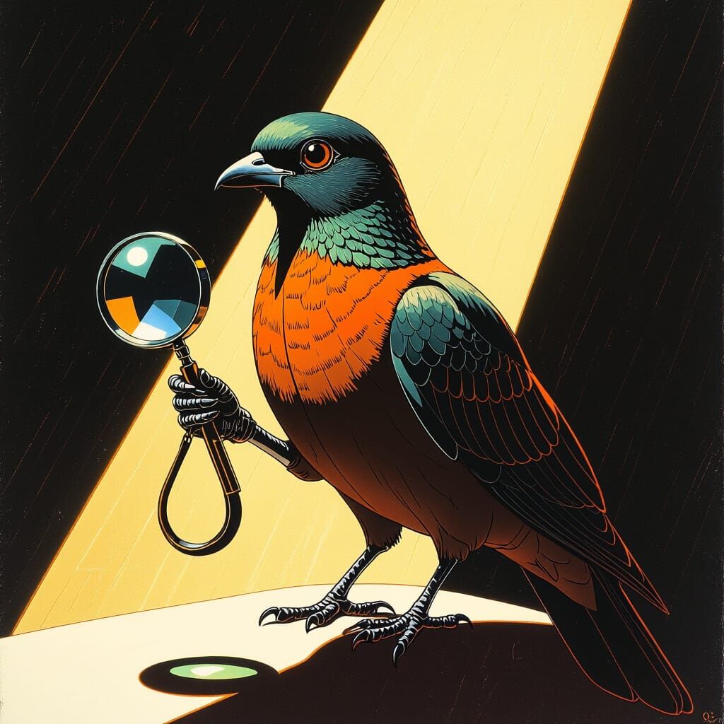 Spy Pigeon in Brown Suit with Magnifying Glass and Glasses