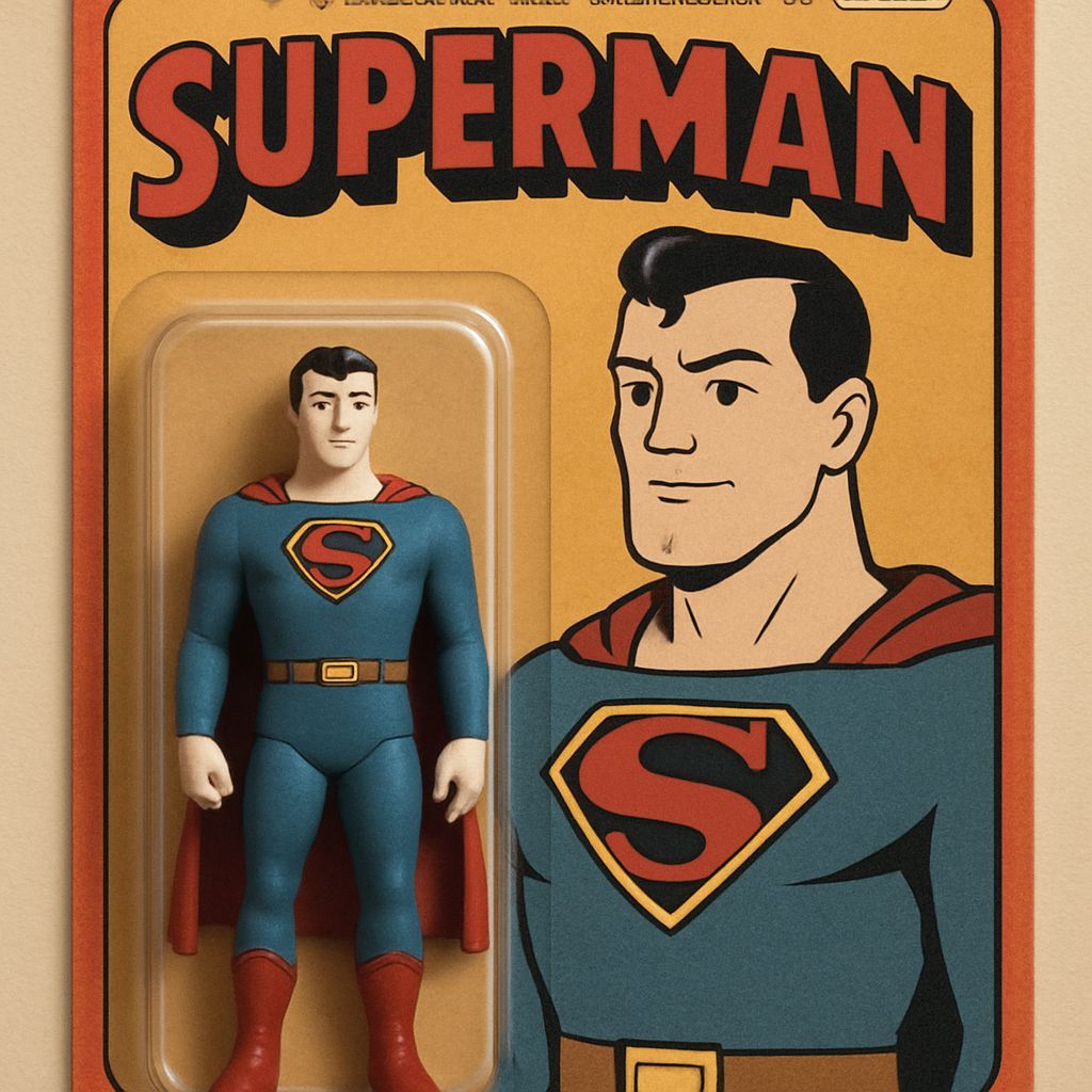 Max Fleischer’s version of The Justice Society’s Superman of Earth-22 as an Action Figure in a blister pack.