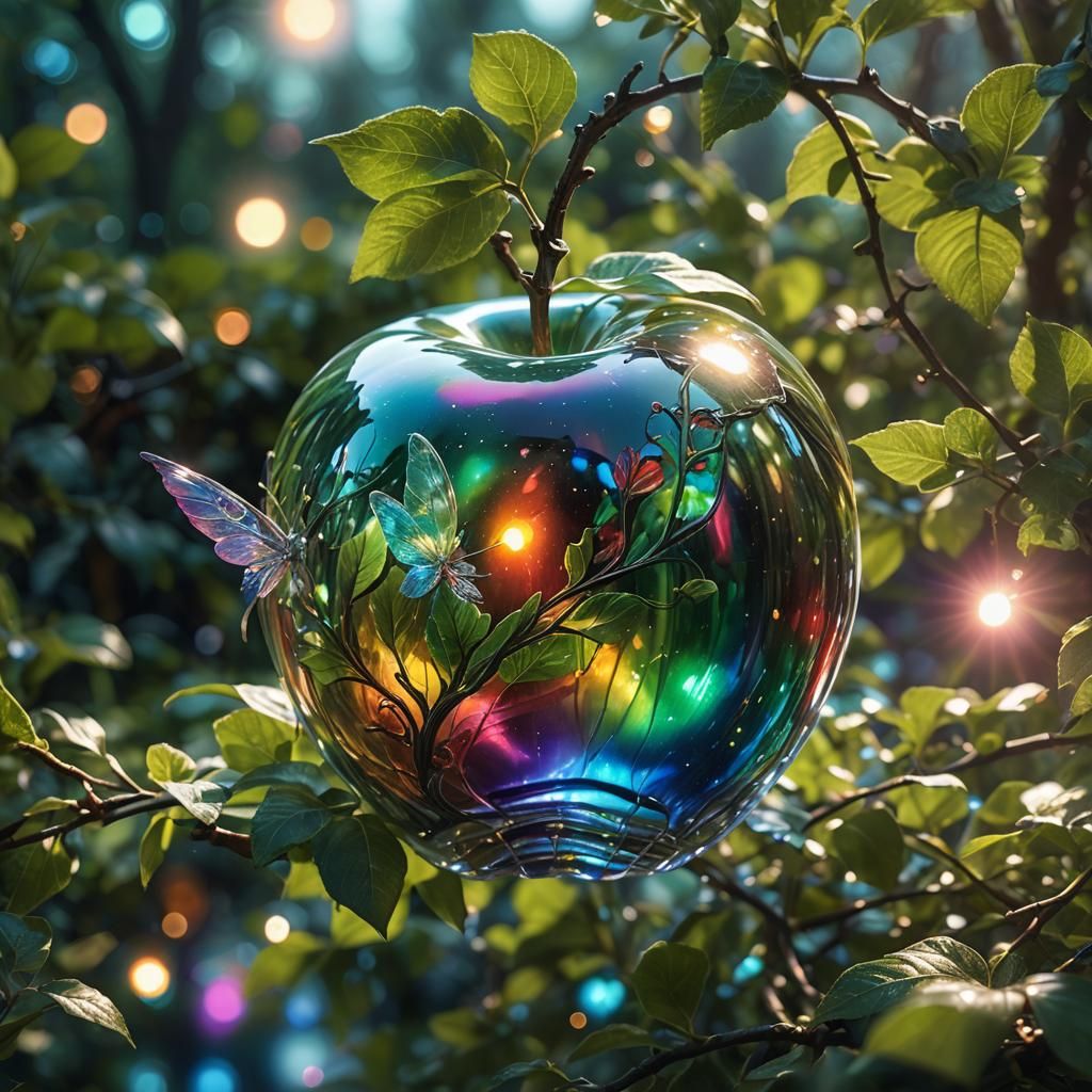 Rainbow Glass Apple with Fairy Wings, Surreal Art