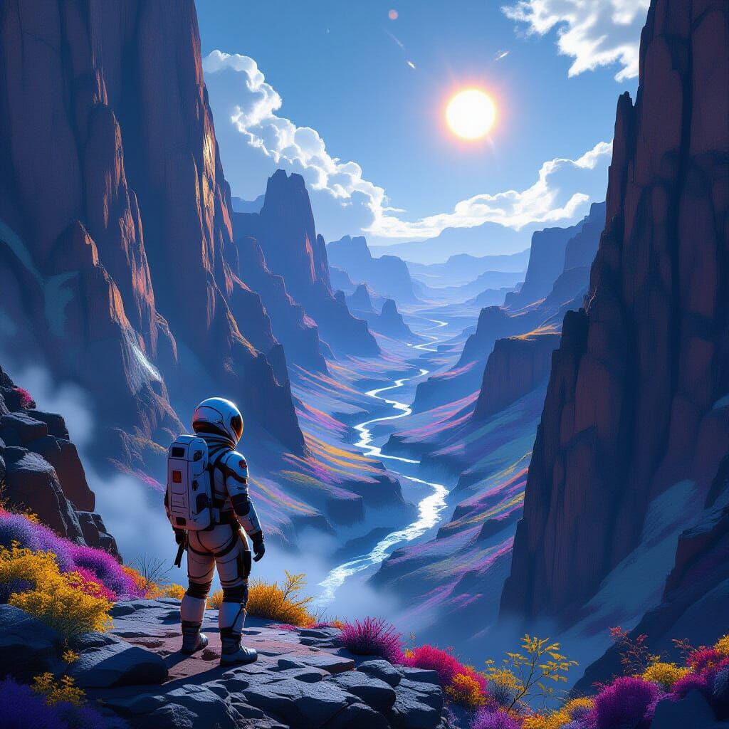 Astronaut Gazes Into Crystalline Canyon Under Alien Suns