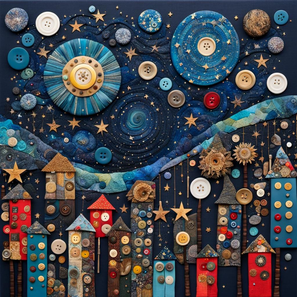 Imaginative Starry Night Mixed Media Collage
