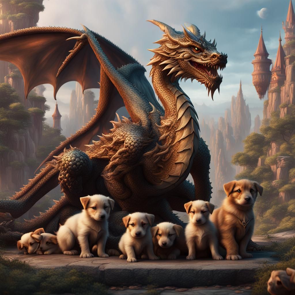 Dragon and Puppies in Detailed Fantasy Art