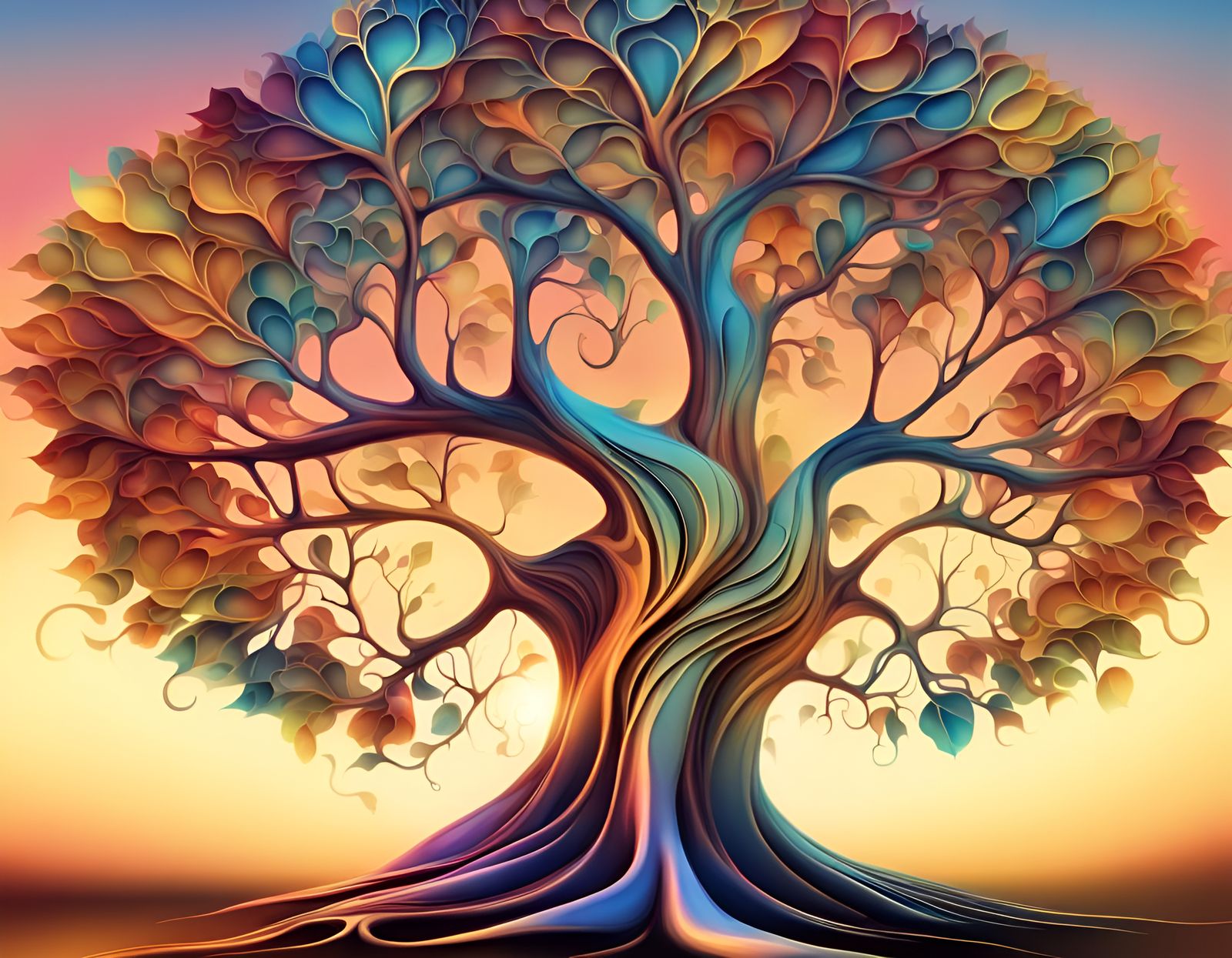 Magical Summer Tree with Colorful Leaves, Surreal Oil Painti...