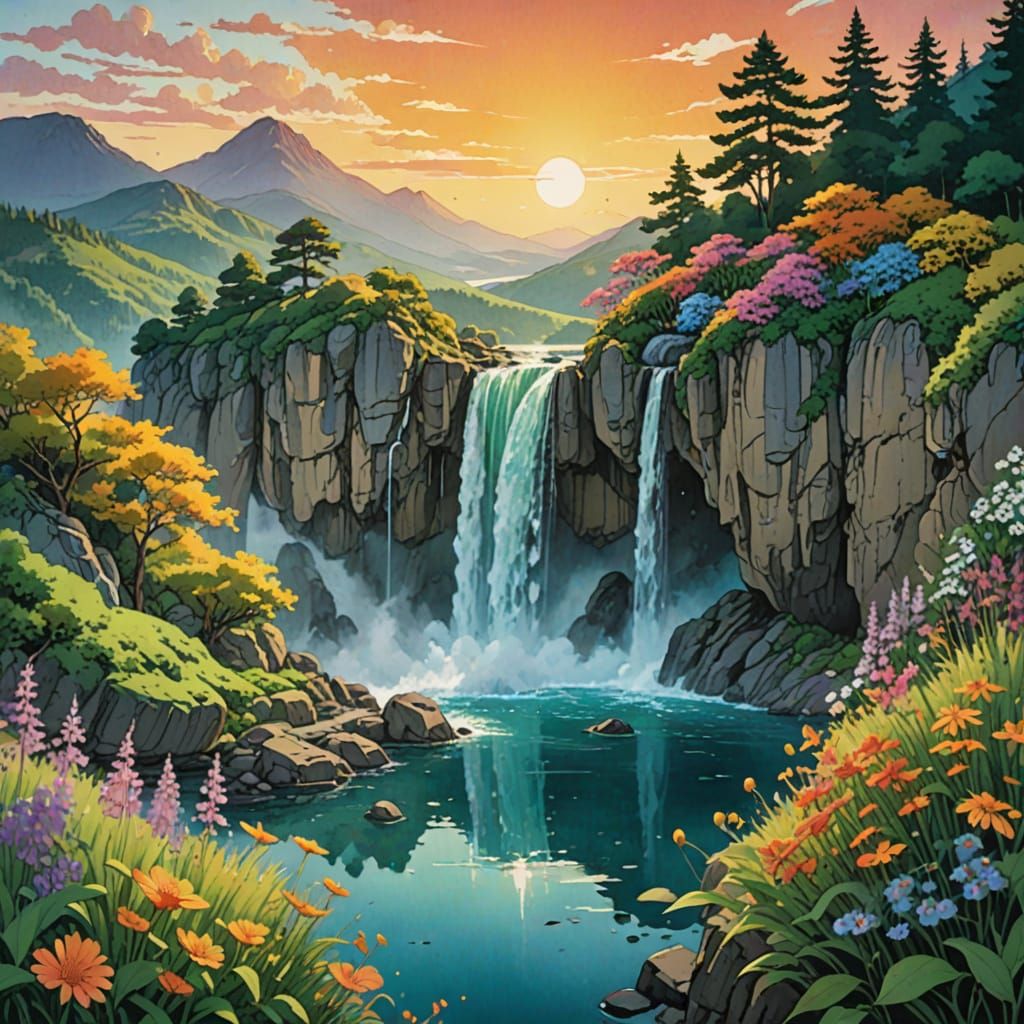 Ethereal Watercolor Sunset Landscape with Cascading Waterfal...