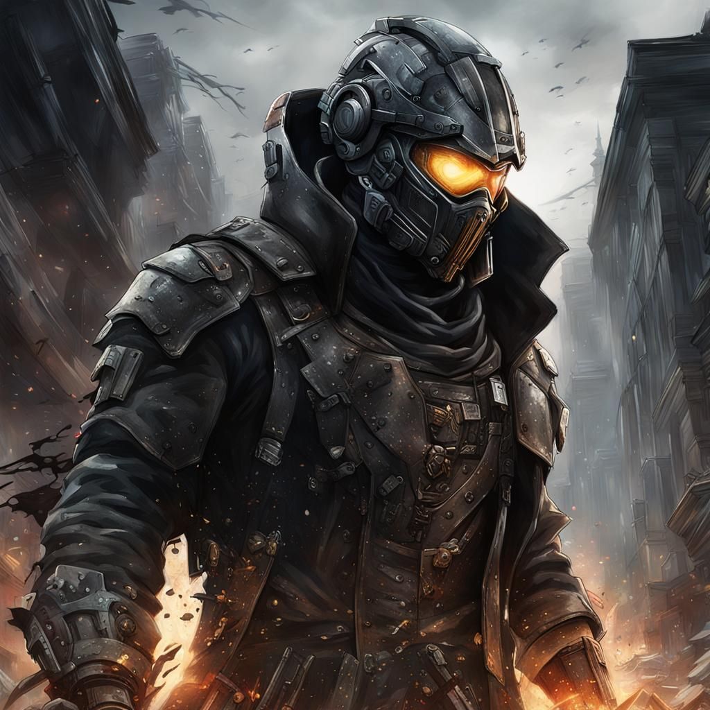 Futuristic Armored Warrior in Destroyed City