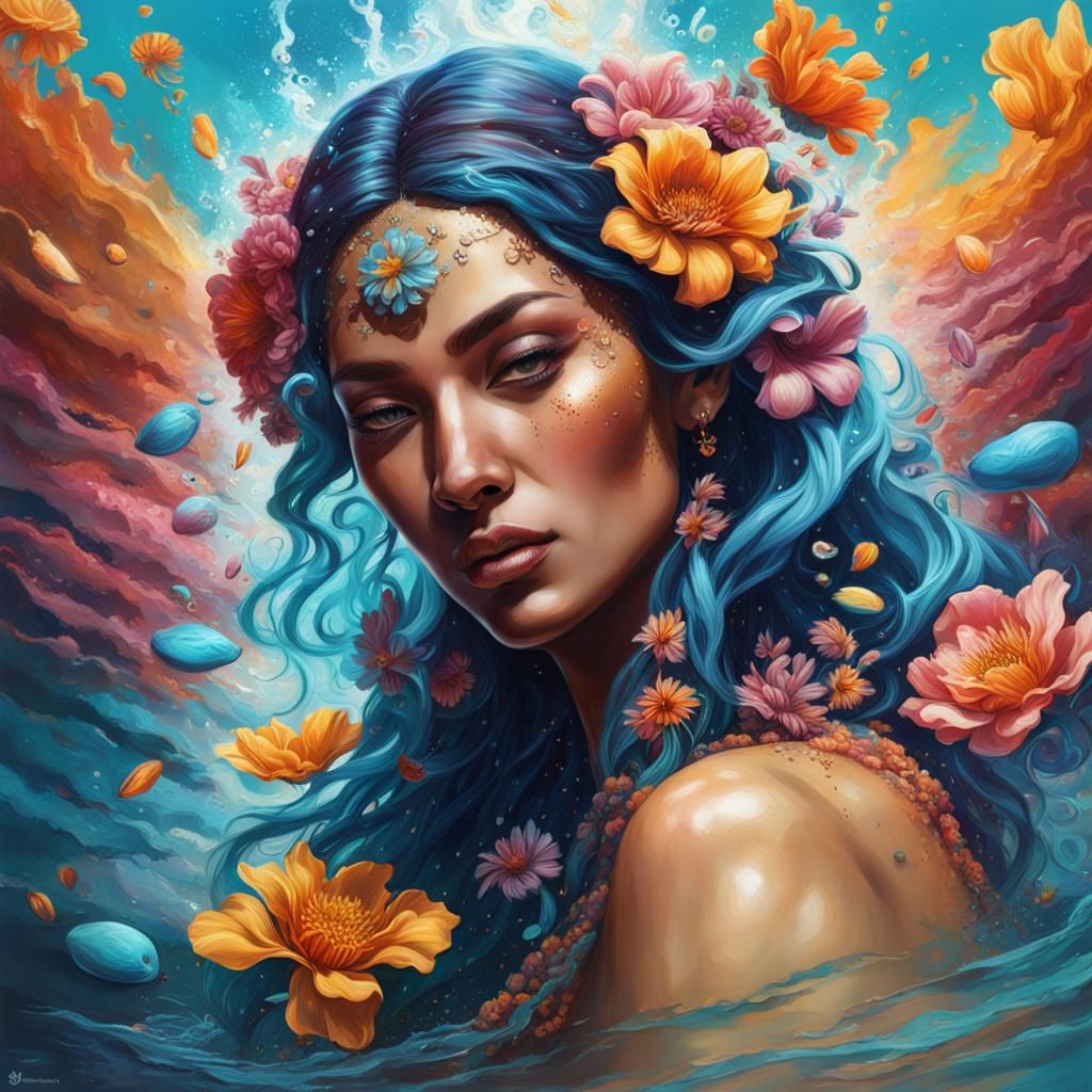 Hyperrealistic Aquarius in Flower Power Splash Art