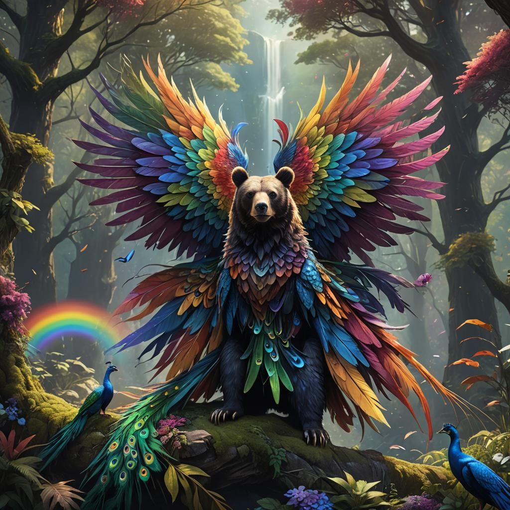 Rainbow Hybrid Creature: Bear, Hawk, and Peacock