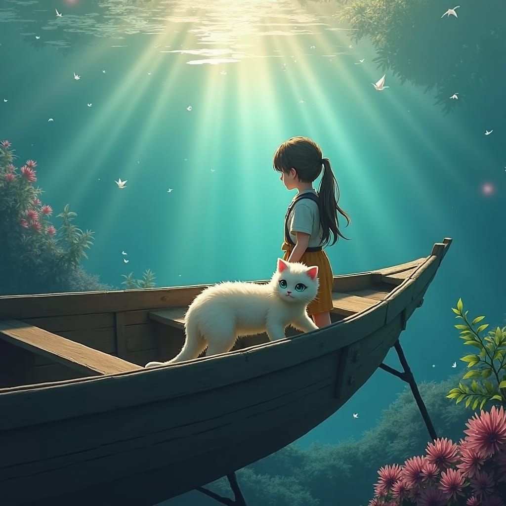 Anime Cat and Children by Riverbank in 3D Style