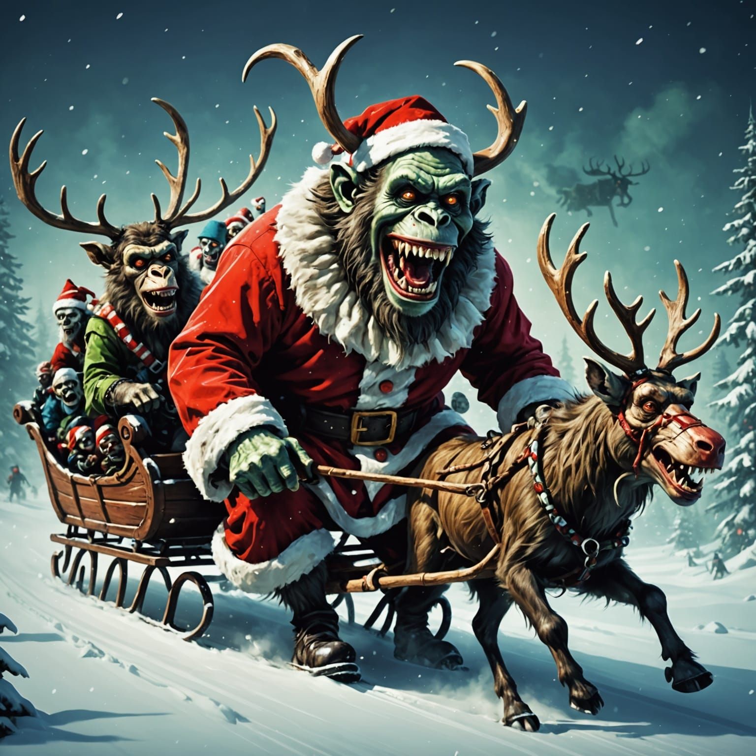 Eerie Holiday Creature in a Zombie Reindeer-Pulled Sleigh