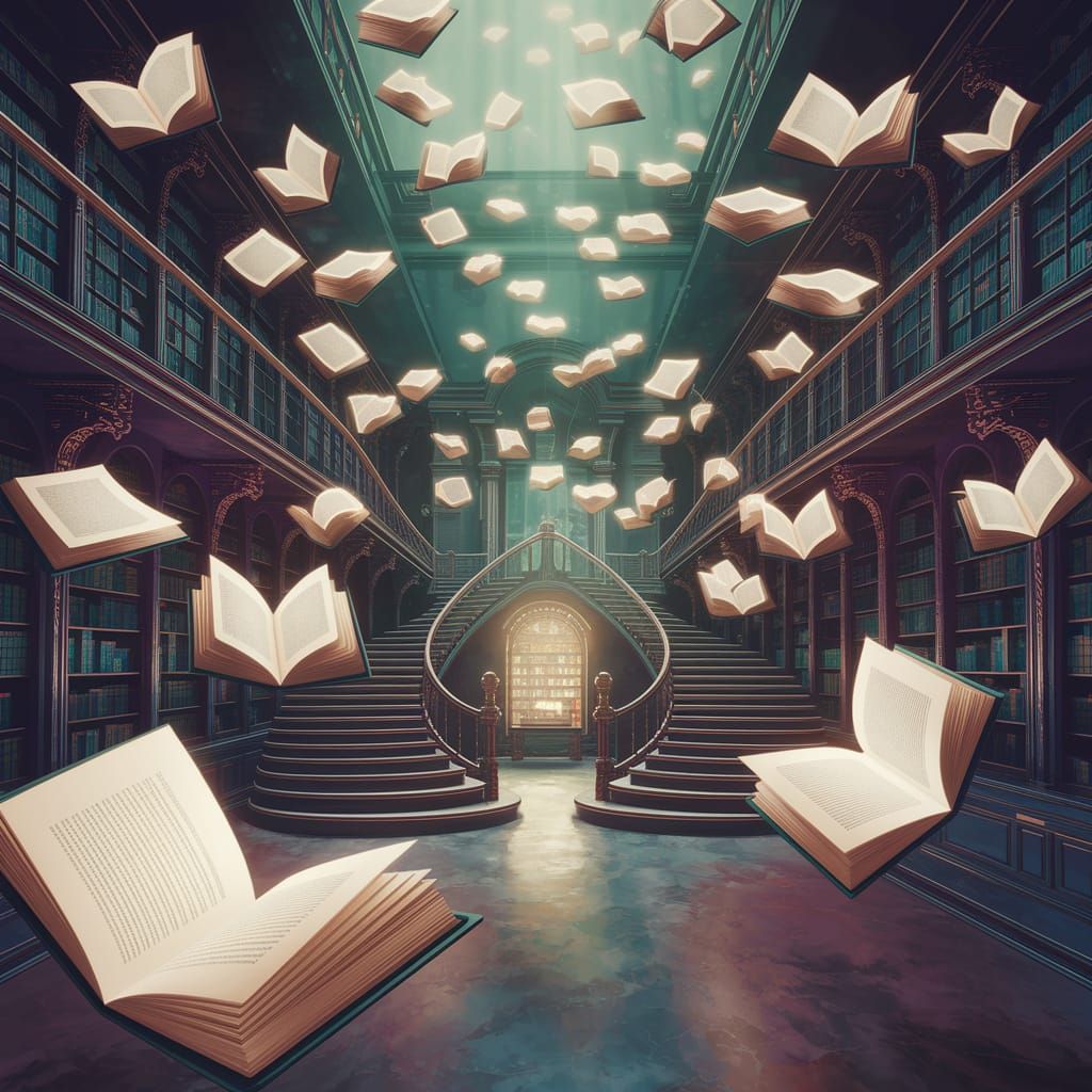 Surreal Library of Floating Books in Dreamlike Victorian Arc...