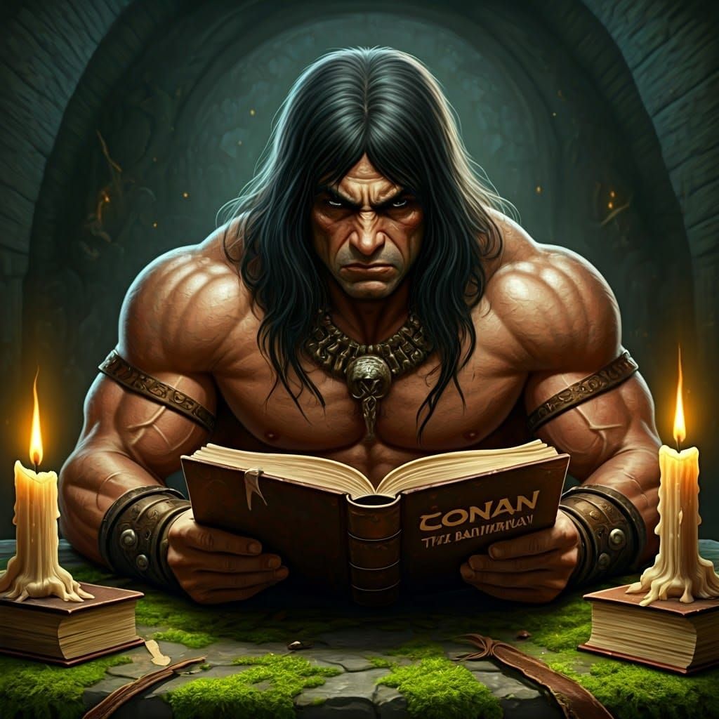 Barbarian Warrior Reading Book in Mystical Setting