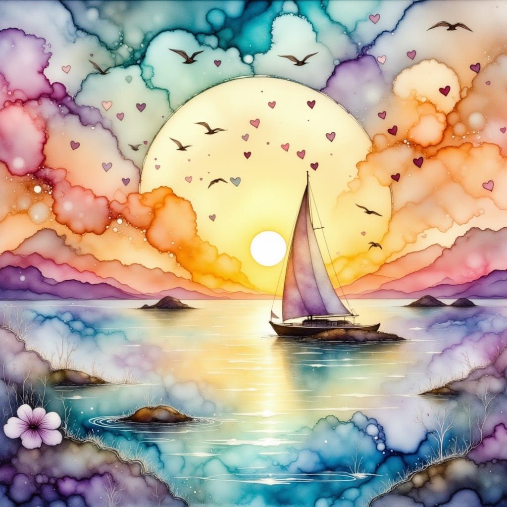 Sailboat on Ocean with Islands in Warm Summer Hues