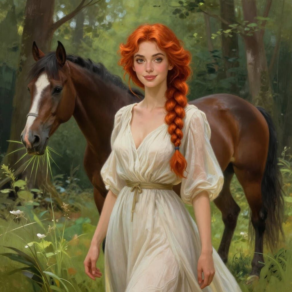 Woman and Horse in Enchanted Forest Digital Painting