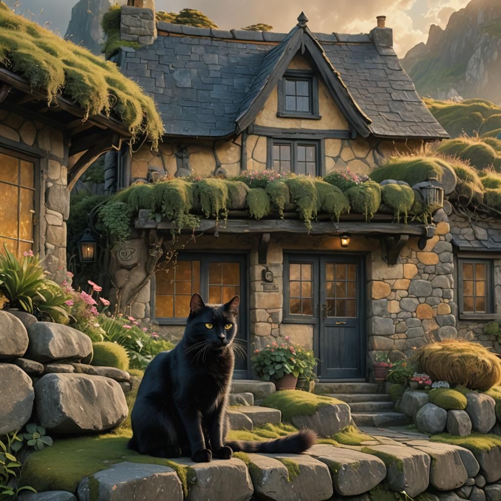 Mystical Black Cat Overlooking Sea in Art Nouveau Style