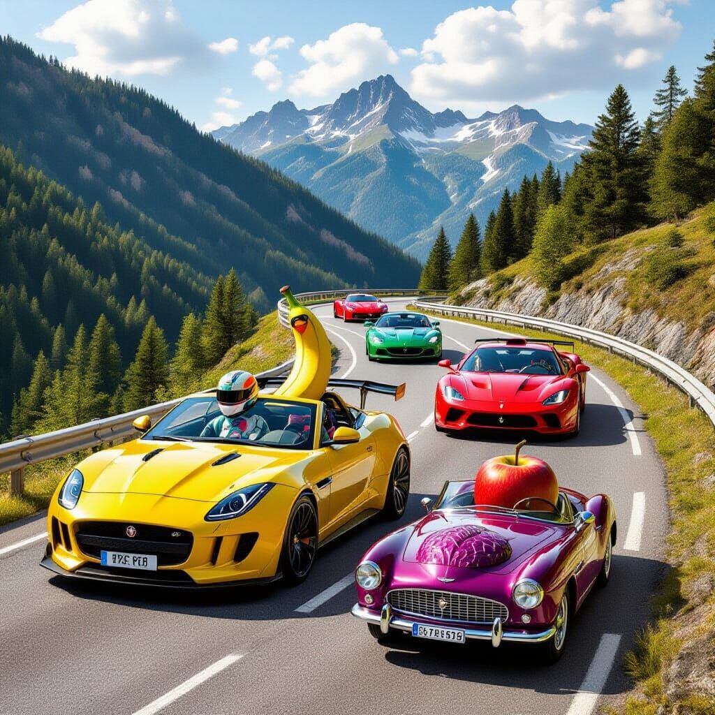 Vegetable Cars Race Down Mountain Road in Surreal Style