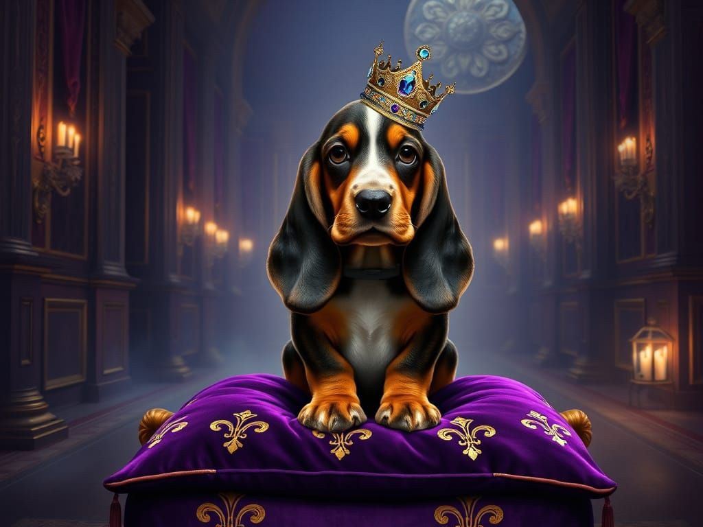 Regal Basset Hound Pup in Crown on Velvet Cushion