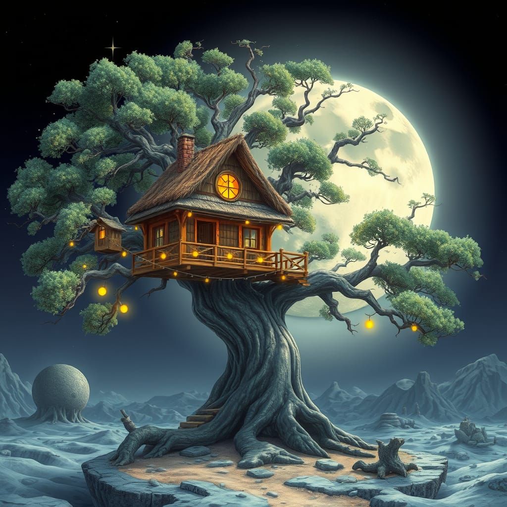 Whimsical Lunar Treehouse in a Futuristic Landscape