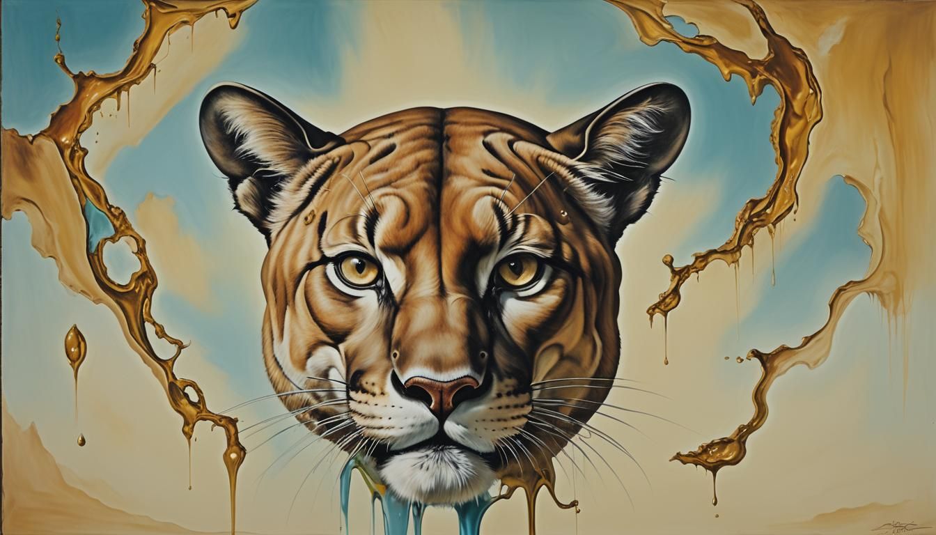 Surreal Cougar in Melting Landscape: Dali-esque Oil Painting
