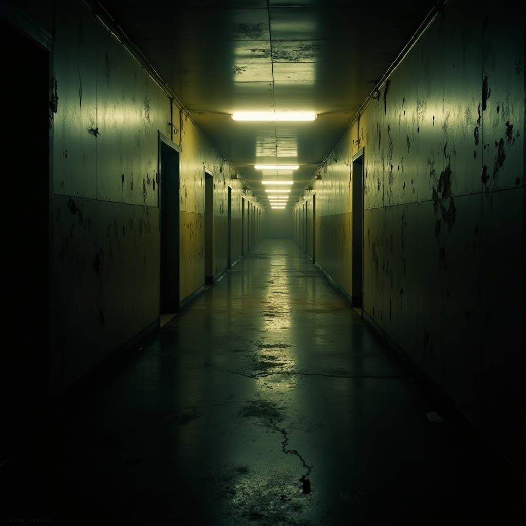 Ominous, Dimly Lit Hallway in a Cinematic Style