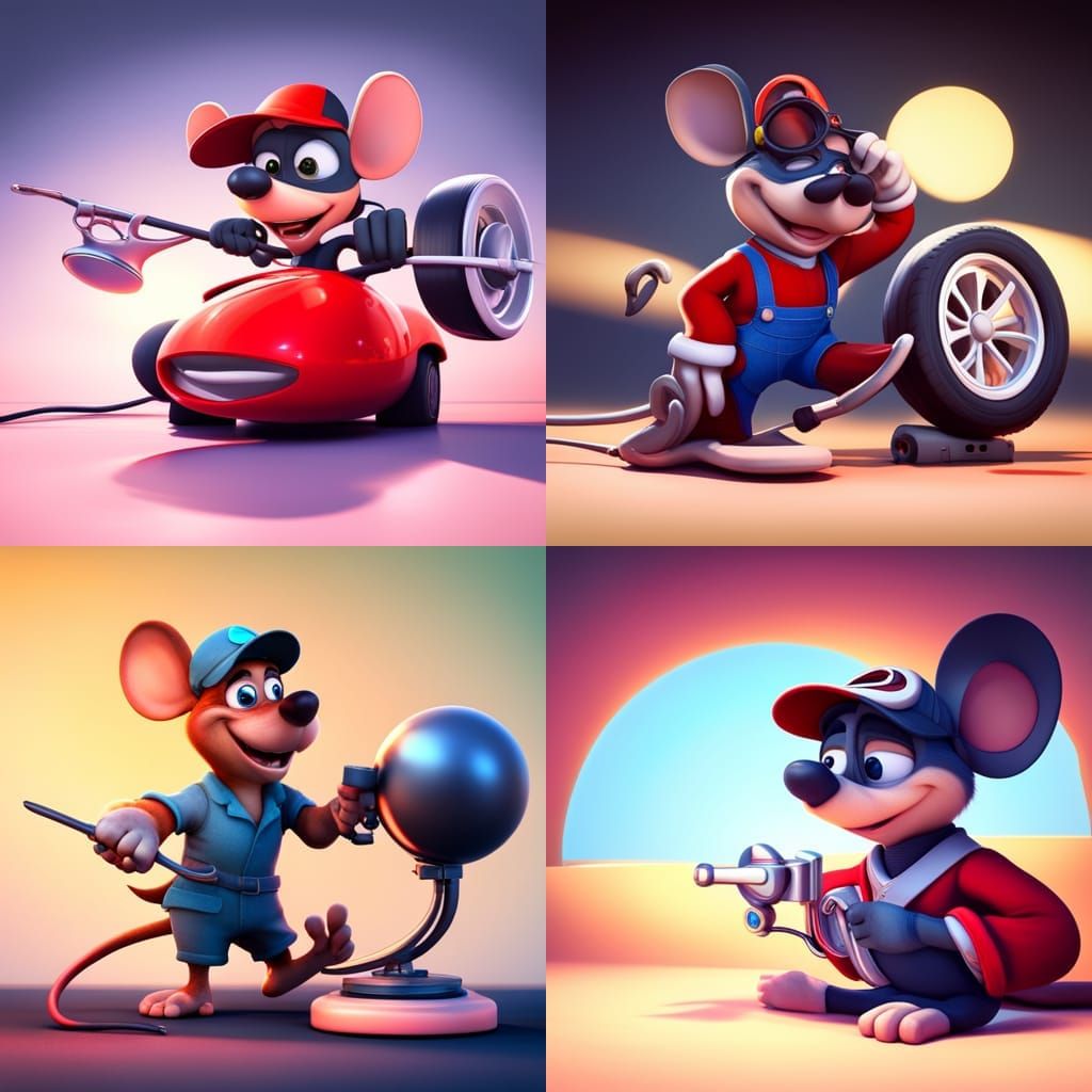 Cartoon Mouse Mechanic Repairs Race Car: Pixar Style