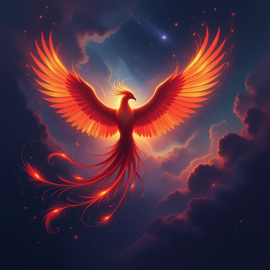Phoenix Ablaze Soaring Through Cosmic Nebula