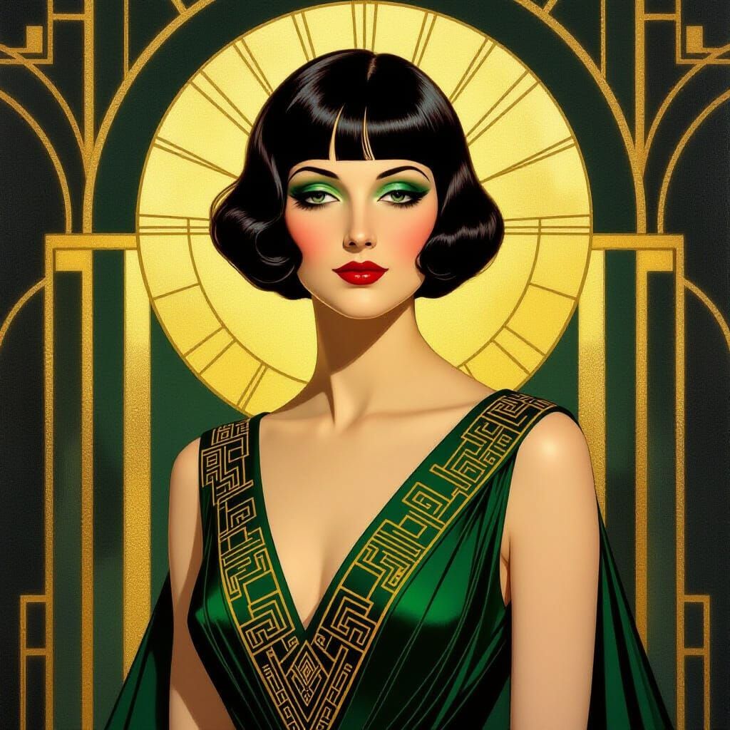Art Deco Emerald Gown Woman Portrait