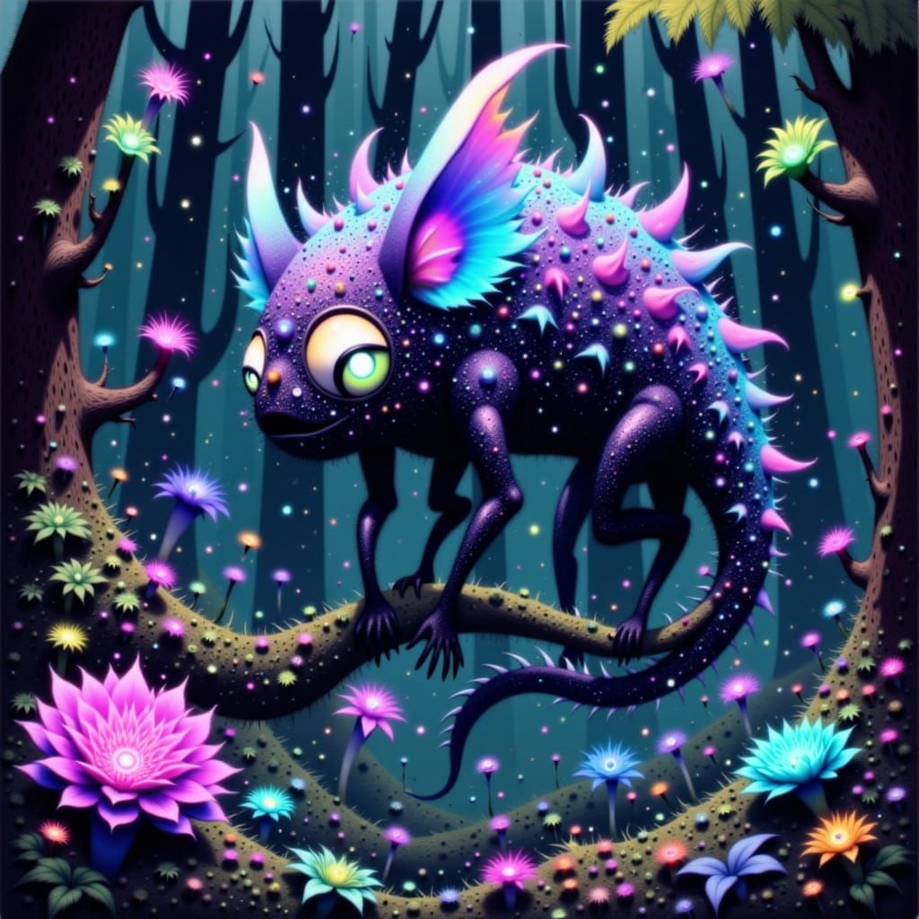 Bioluminescent Creature with Holographic Scales in Alien For...