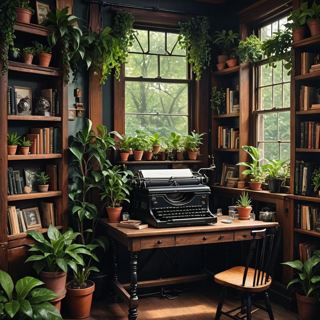 Enchanting Overgrown Coffeehouse with Antique Typewriter