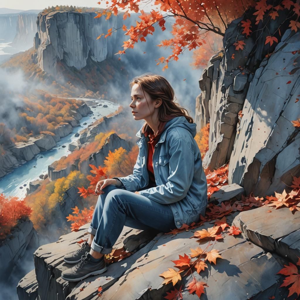 woman sitting on the edge of a cliff, falling leaves, silver-red, pale blue , photorealistic , high detail,rim light, wa...