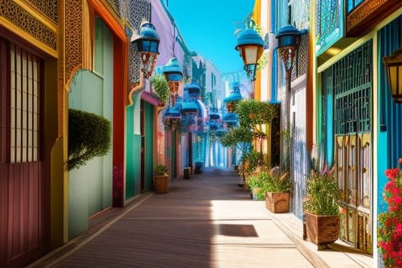 Ornate Moroccan Lanterns Light Seaside Alleyway