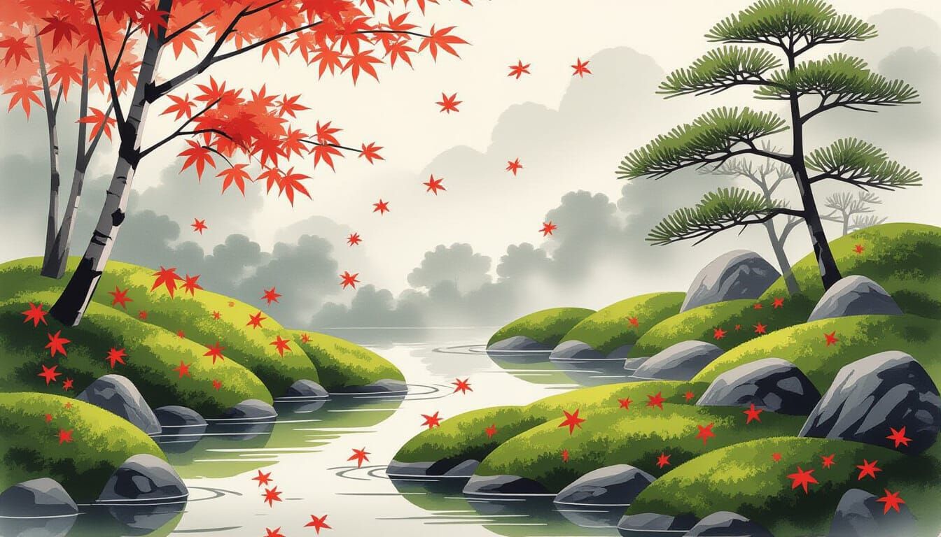 Autumn Moss Garden in Minimalist Ink Wash Style