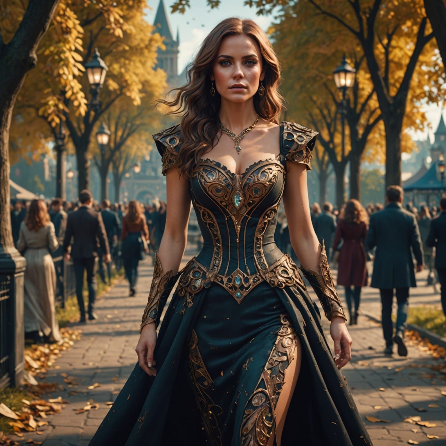 Woman in Torn Dress Walking Through Modern Park