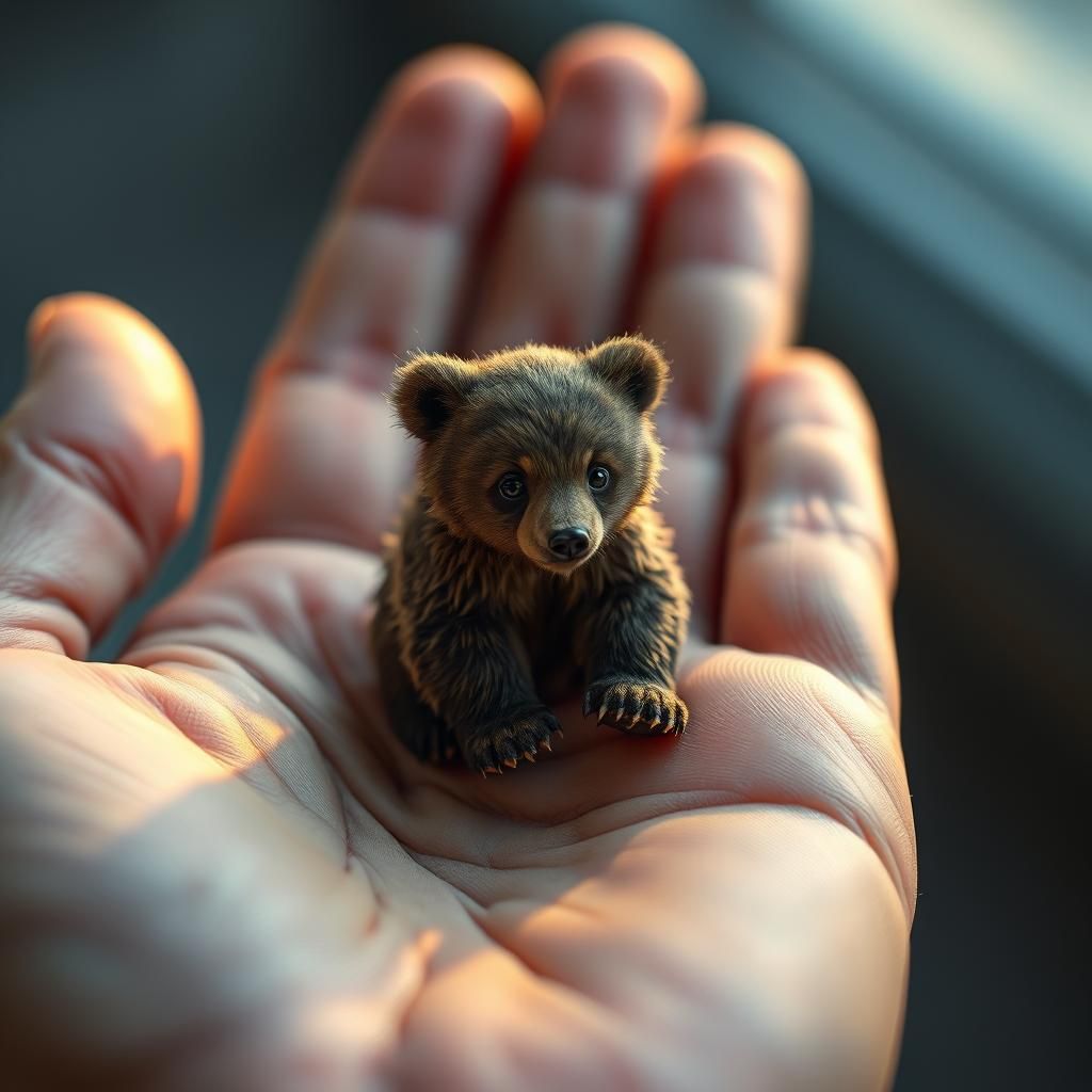 Tiny Grizzly Bear in Giant Hand: Hyperrealistic Art