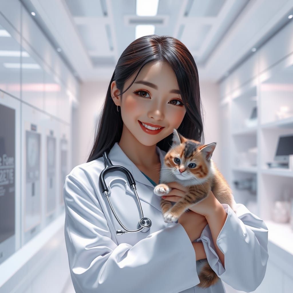 Doctor Hugs Kitten in Futuristic Lab, Anime Art