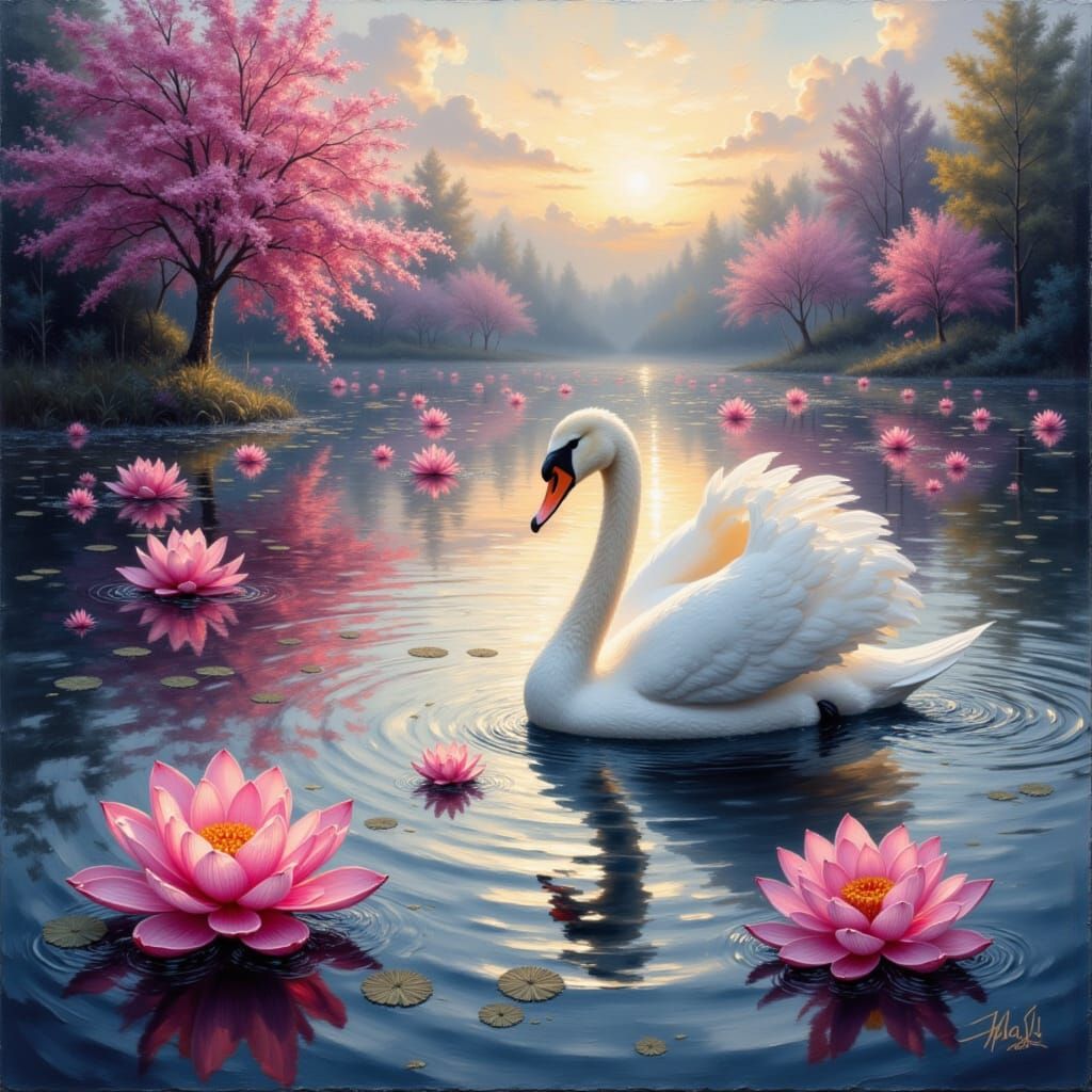 Swan on Twilight Lily Pond in Impressionist Style