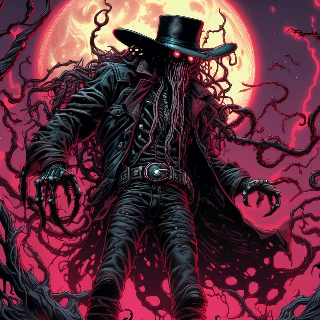 Ominous Cowboy in Stetson Hat Under Moonlight