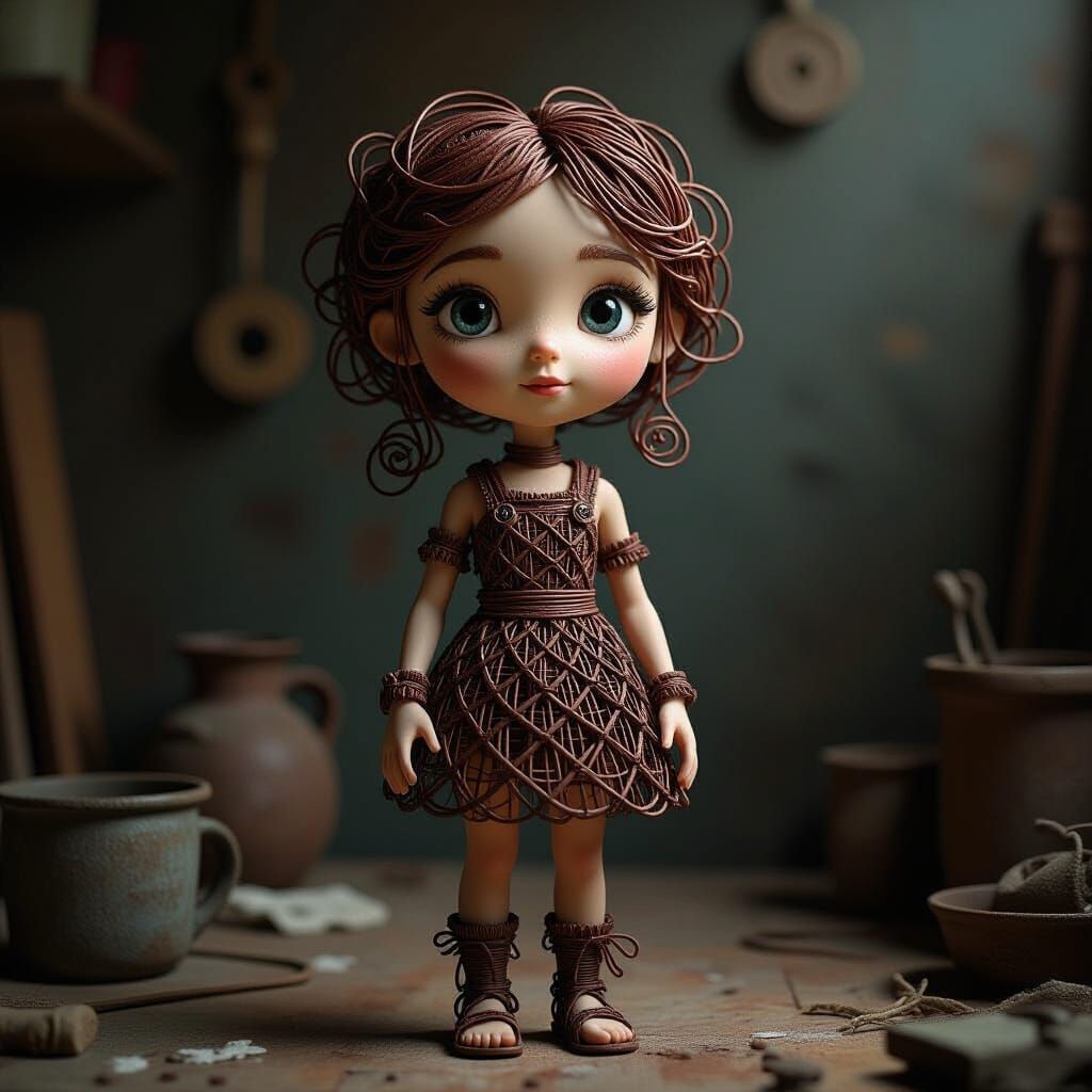 Wire Sculpture of Girl in Dimly Lit Studio