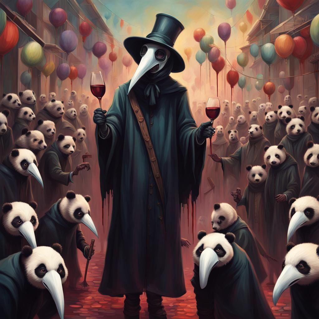 Plague Doctor Sprays Wine on Panda Crowd